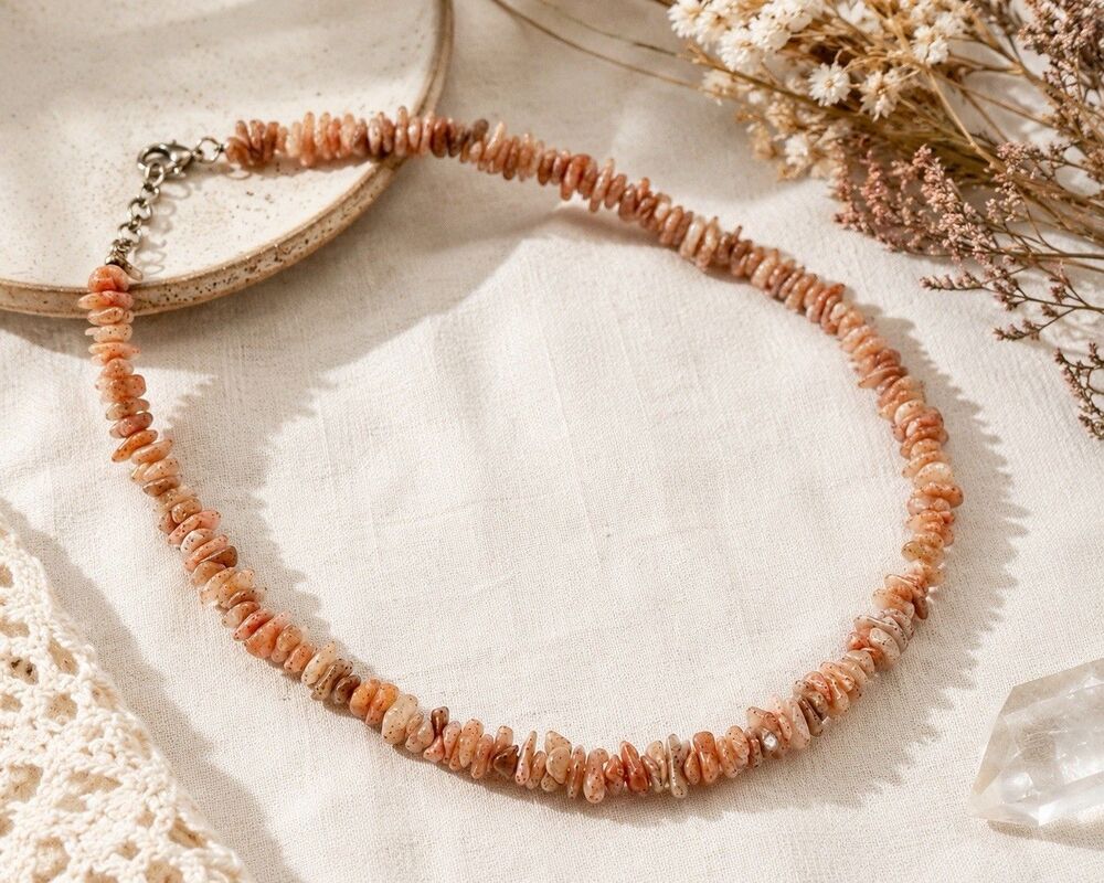 Vintage Peach Sunstone Gemstone Chip Choker Necklace Natural Stone Organic